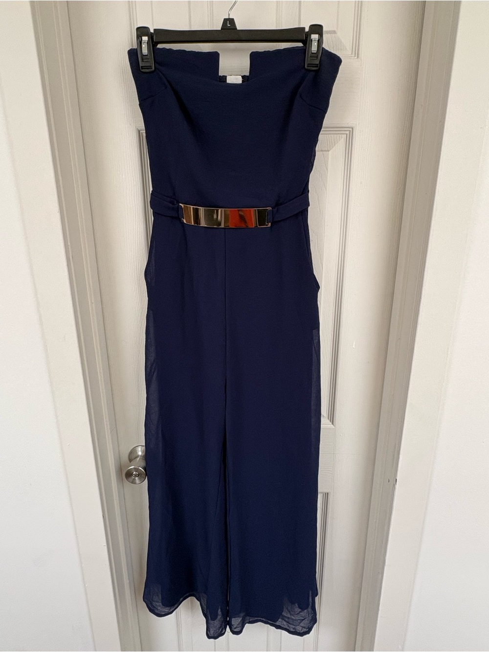 Glamazon Strapless Navy Jumpsuit with Gold Accent Belt